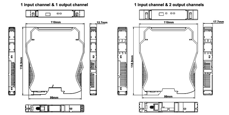Loop Powered Signal Isolator 4-20mA/0-20mA/0-5V/1-5V/0-10V with USB(图1) Loop powered signal isolator with usb interface dimensional drawing