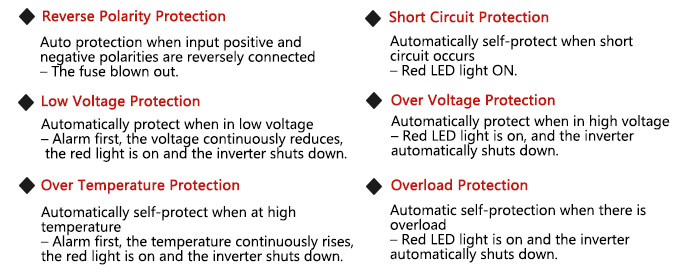 300 Watt Pure Sine Wave Power Inverter, 12V DC to 110V AC(图3) Pure Sine Wave Inverter Safety Protections