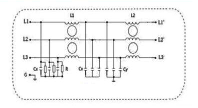 10A 3-phase EMI Line Filter, 2 Stage(图3) 3-phase 3-Wire 2-stage Power Line Filter Electrical Schematic