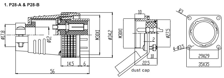 Circular Connector, 2/3/8/16/19/20/24/26 Pin, M30(图2) Circular connector 2 to 26 pin m30 dimensional drawing