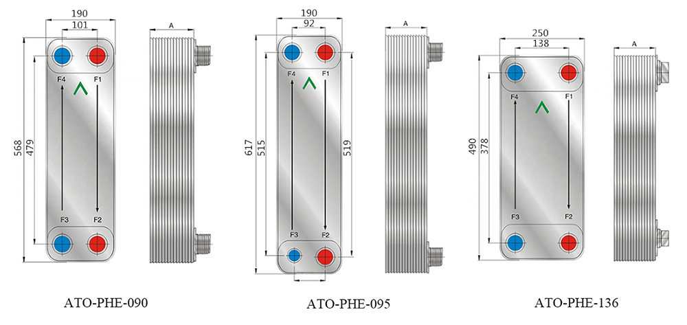 Counter Flow Brazed Plate Heat Exchanger, 250/300 Plate(图1) Dimension Drawing of Counter Flow Brazed Plate Heat Exchanger, Model 090/095/136