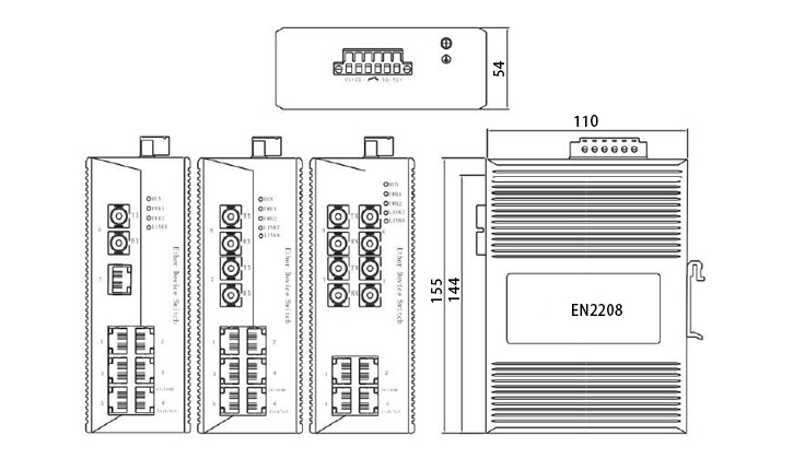 8 Port Unmanaged Industrial Switch, 10/100M, Din Rail(图1) 8 Port Unmanaged Industrial Switch EN2208 Dimension