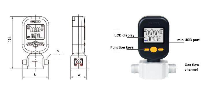Digital Gas Flow Meter, Air/Oxygen/Nitrogen, 0-250L/min(图2) Gas flow meter dimension