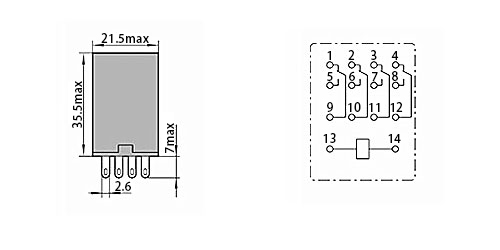 Electromagnetic Relay, 4PDT, 12/24/110/220V coils(图1) HH54PL electromangetic relay dimensions connection diagram