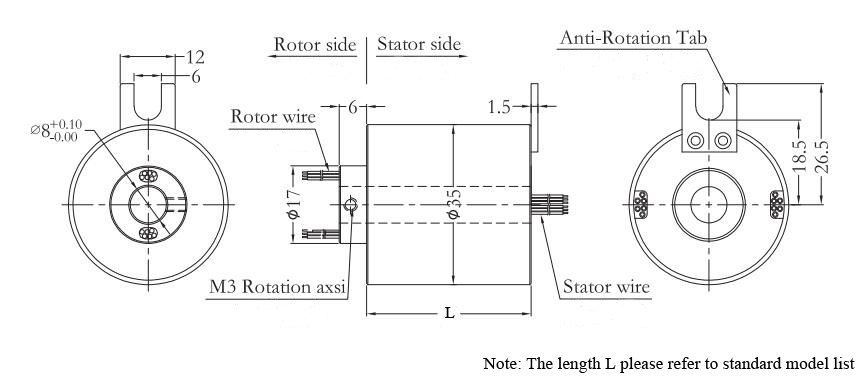 Miniature Through Hole Slip Ring, Inner Diameter 3/5/8mm(图4) CHN-THSR-H0835 Through Hole Slip Ring Dimension Drawing