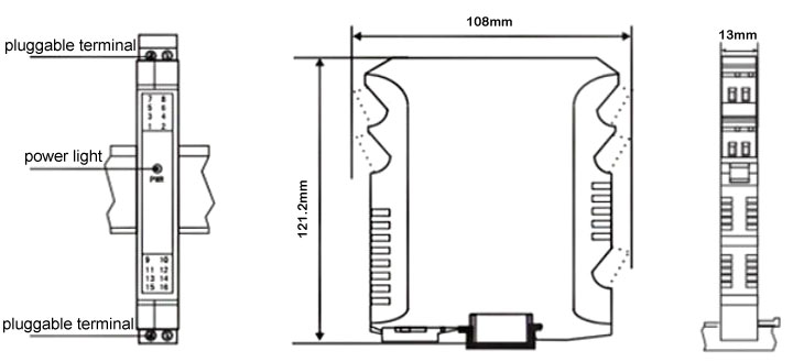 Analog Signal Isolator, DC 24V, 4-20mA/1-5V to 0-20mA/0-10V(图1) Analog signal isolator dimensional drawing