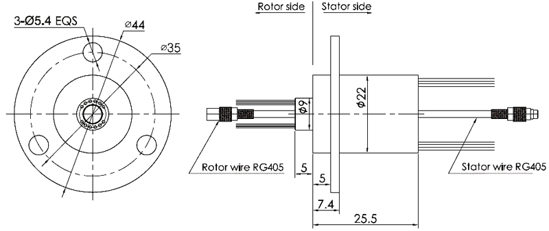 High Frequency Coaxial Slip Ring, 1~2 Channel(图2) Dimension of high frequency slip ring 22mm