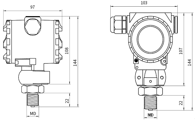 Pressure Transducer for Air/Water/Oil, Output 4-20mA/0-10V/RS485(图1) Pressure transducer dimensional drawing