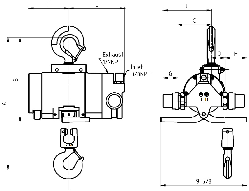 500 lb. 20 ft. Air Chain Hoist(图1) Dimension of 500 lb air chain hoist