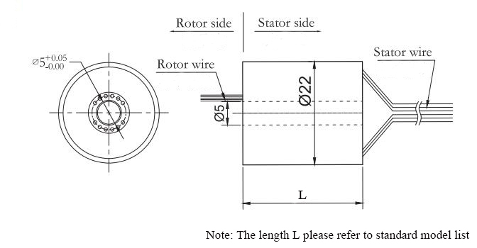 Miniature Through Hole Slip Ring, Inner Diameter 3/5/8mm(图2) CHN-THSR-H0522 (6 Circuits) Through Hole Slip Ring Dimension Drawing