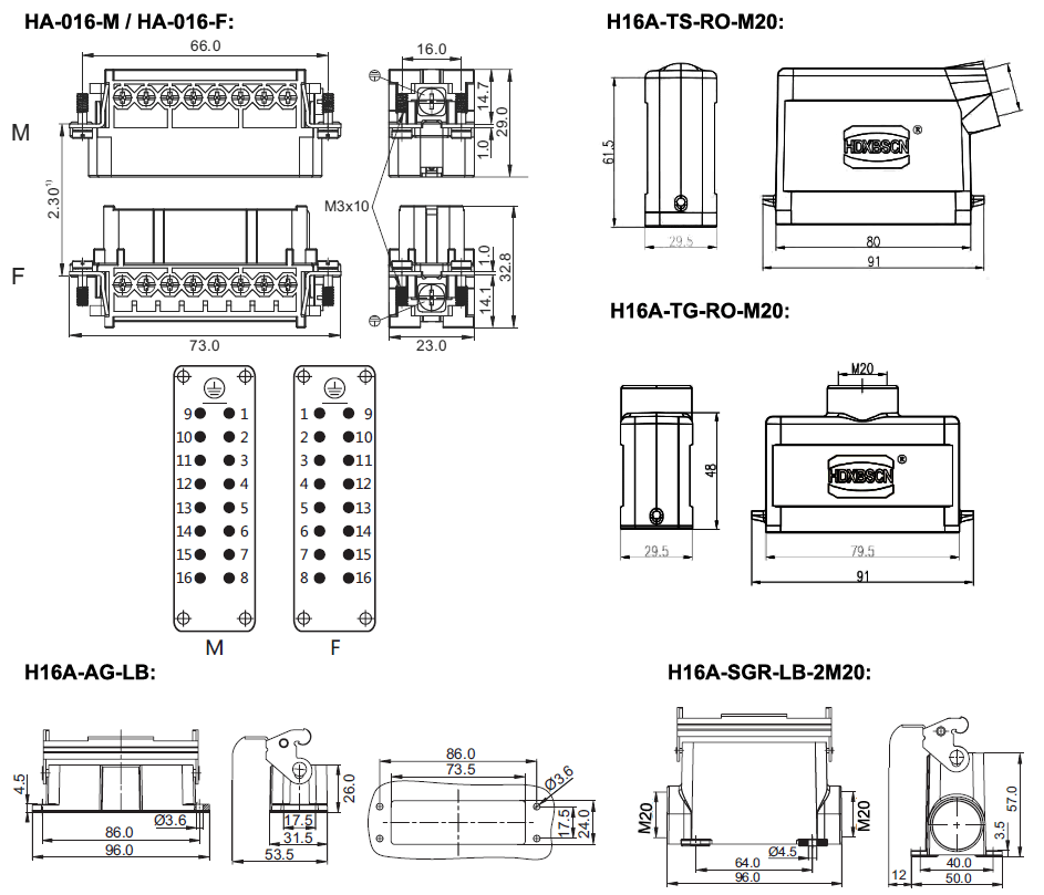Heavy Duty Connector, 16 Pin, 250VAC/500VAC, 16A(图1) 16 pin AC 250 volt heavy duty connector dimension