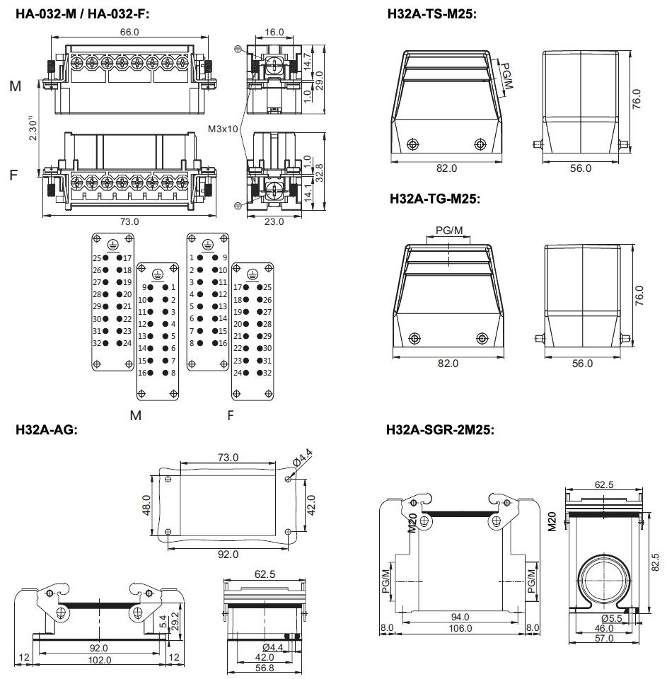 Heavy Duty Connector, 32 Pin, AC 250 Volt / AC 500 Volt, 16A(图1) 32 pin AC 250V heavy duty connector dimension