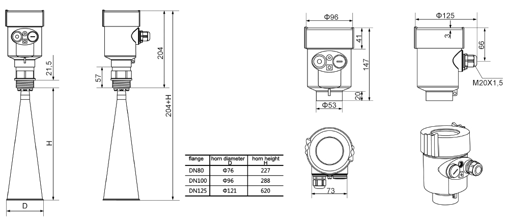 Radar Level Sensor, Non-contact Water Level Measurement, 0-70M(图1) Radar level sensor for non-contact water/liquid/tank level measurement 0-70m dimension