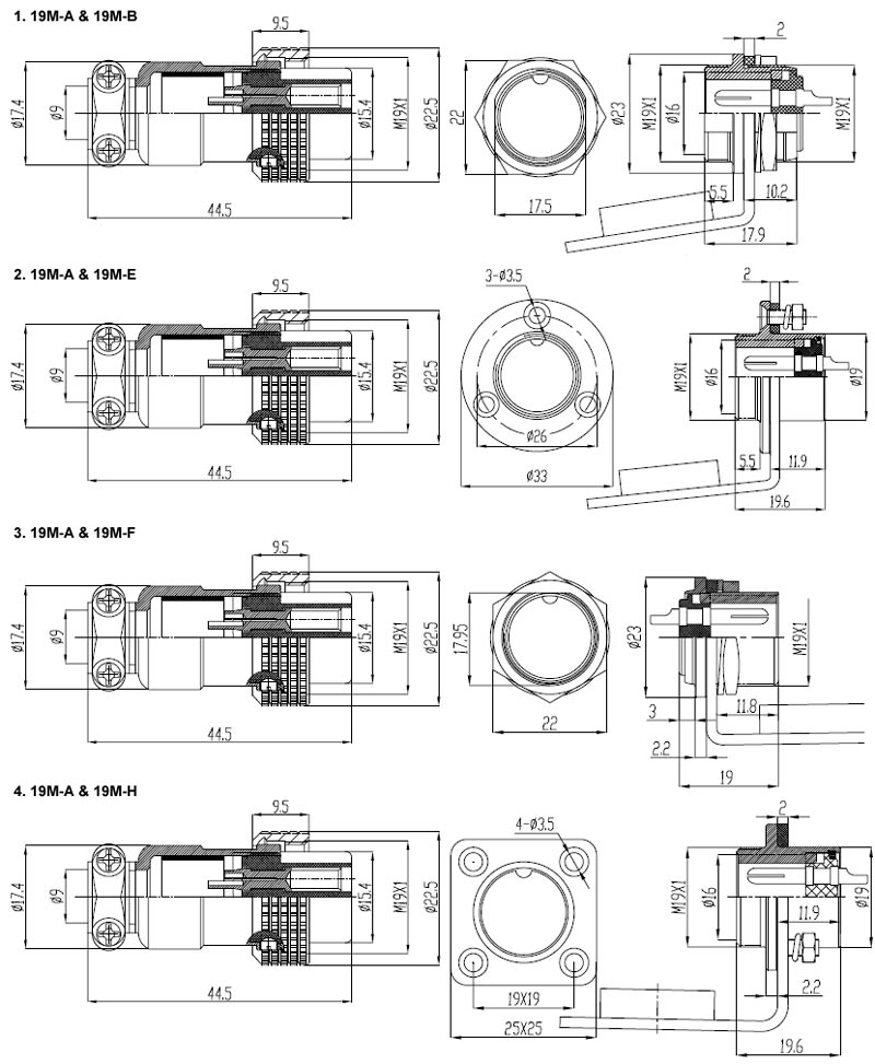 Circular Connector, 2/3/4/10/11/12/14 Pin, M19(图2) Circular connector 2 to 14 pin m19 dimensional drawing
