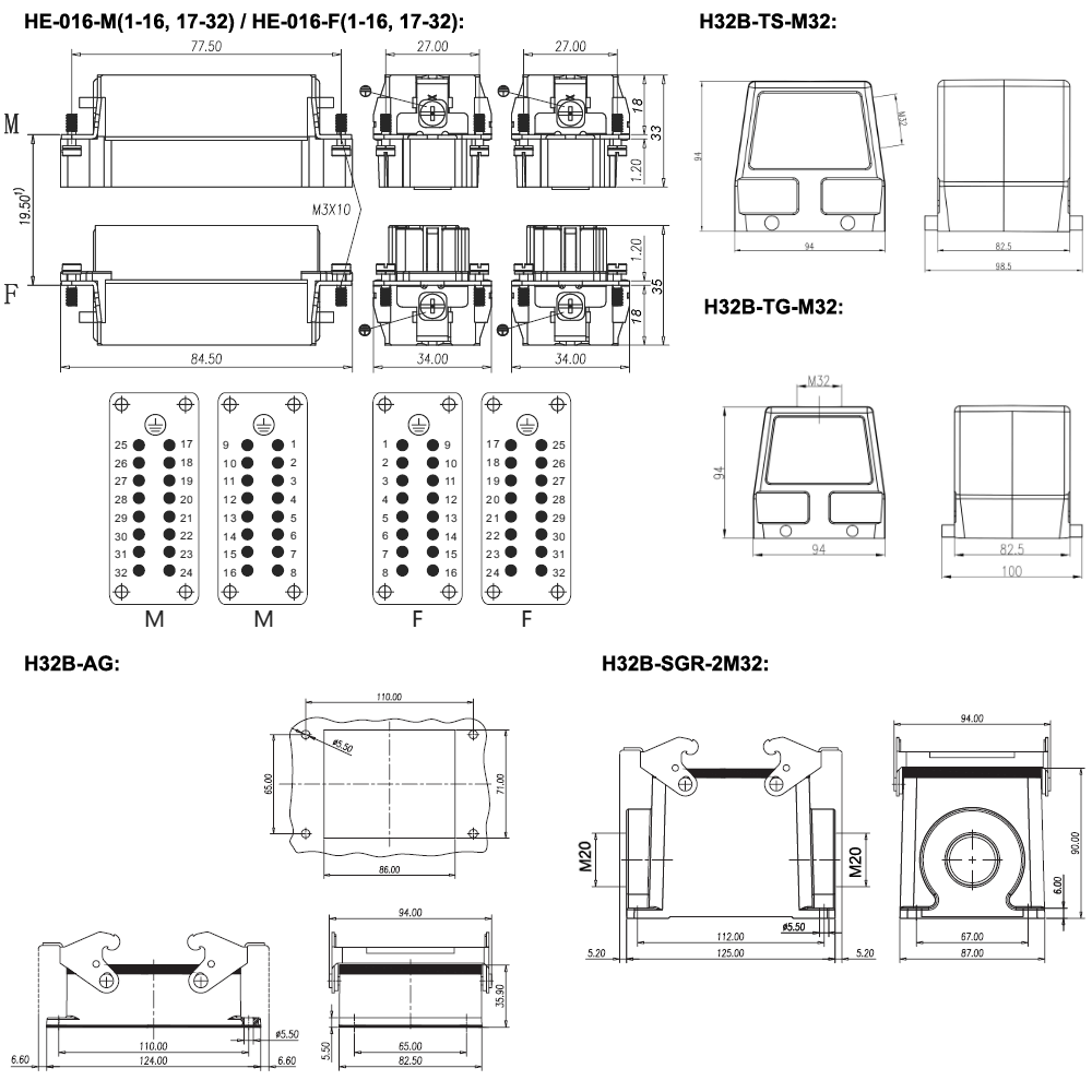 Heavy Duty Connector, 32 Pin, AC 250 Volt / AC 500 Volt, 16A(图2) 32 pin AC 500V heavy duty connector dimension