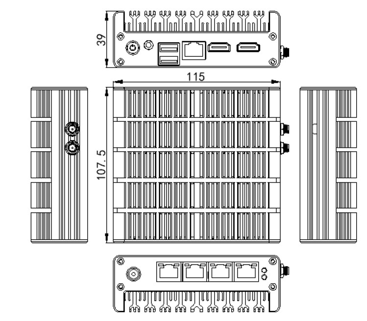 Mini Fanless Industrial PC, Celeron J3160, Linux/Win 7(图1) Dimensions of Mini Fanless Industrial PC, Celeron J3160, Linux/Win 7