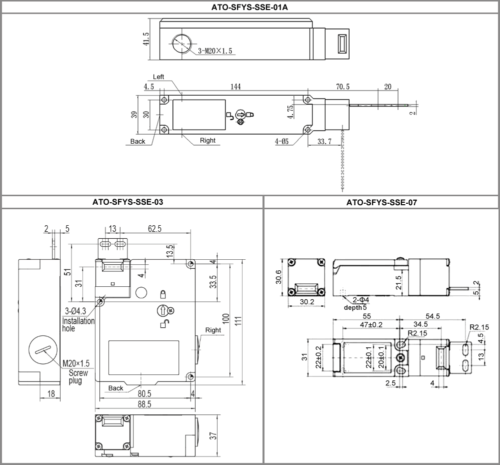 Safety Interlock Switch, 10A/500VAC, 4A/24VDC(图1) Safety interlock switch for guard door dimension