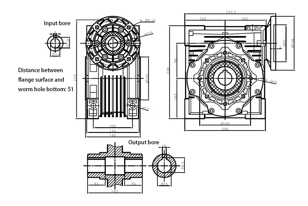 90mm Worm Gearbox, Ratio 5:1 to 100:1, 182 N.m(图1) ATO 90mm worm gear reducer outline dimensional drawing