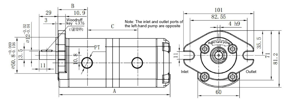 1/2/4/5 GPM Hydraulic Tandem Gear Pump, 3600 psi(图1) Dimensions of 1/2/4/5 GPM Hydraulic Tandem Gear Pump, 3600 psi