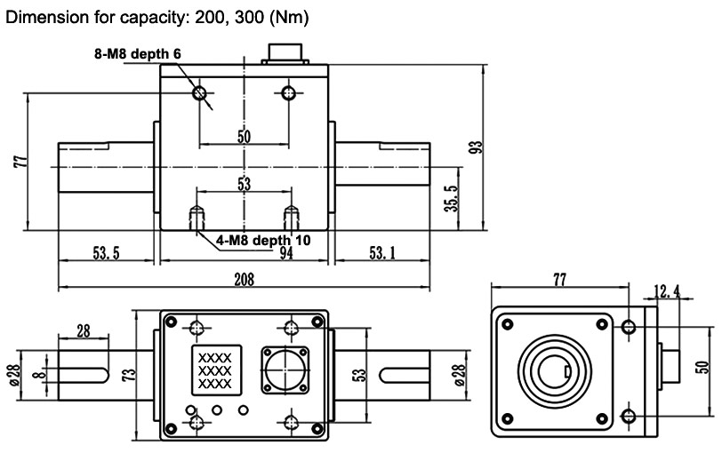 Digital Rotary Torque Sensor, 0.1/5/300/1000 Nm to 10000 Nm(图4) Rotary torque sensor dimension for capacity 200-300 Nm