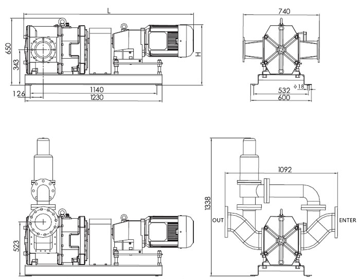 18.5 kW Rotary Lobe Pump(图2) 18 kW lobe pump installation dimensions