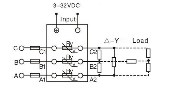 Solid state relay, 3 phase, SSR-60DA, 60A 3-32V DC to AC(图3) 3-phase 3-32V DC to AC SSR Wiring Diagram
