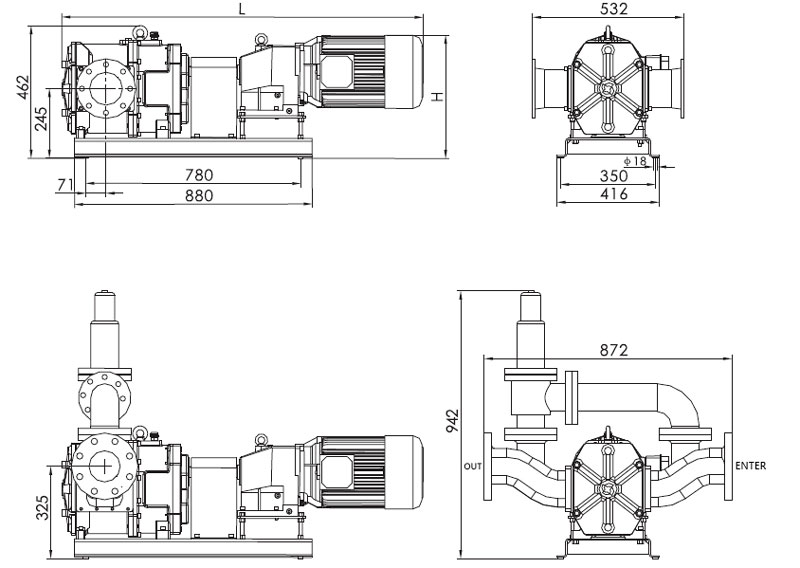 5.5 kW Rotary Lobe Pump(图2) 5.5 kW lobe pump installation dimensions