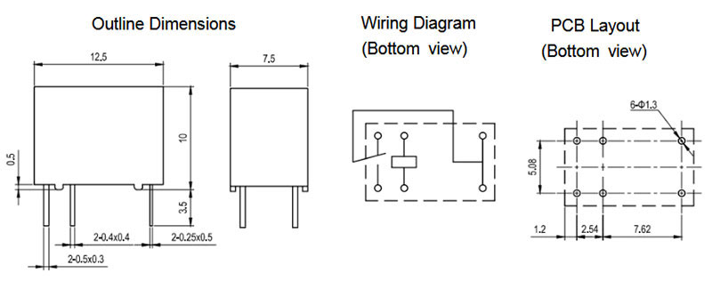 1.5V DC Signal Relay, SPDT, 2A(图1) Dimensions of 1.5v Miniature Signal Relay