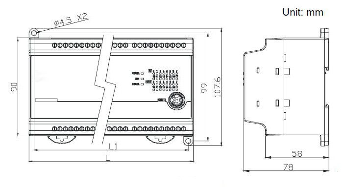 PLC Controller, 10/14/20/30/48/60 I/O, Relay/Transistor Output(图2) EC3 Series Programmable Logic Controller Dimensions