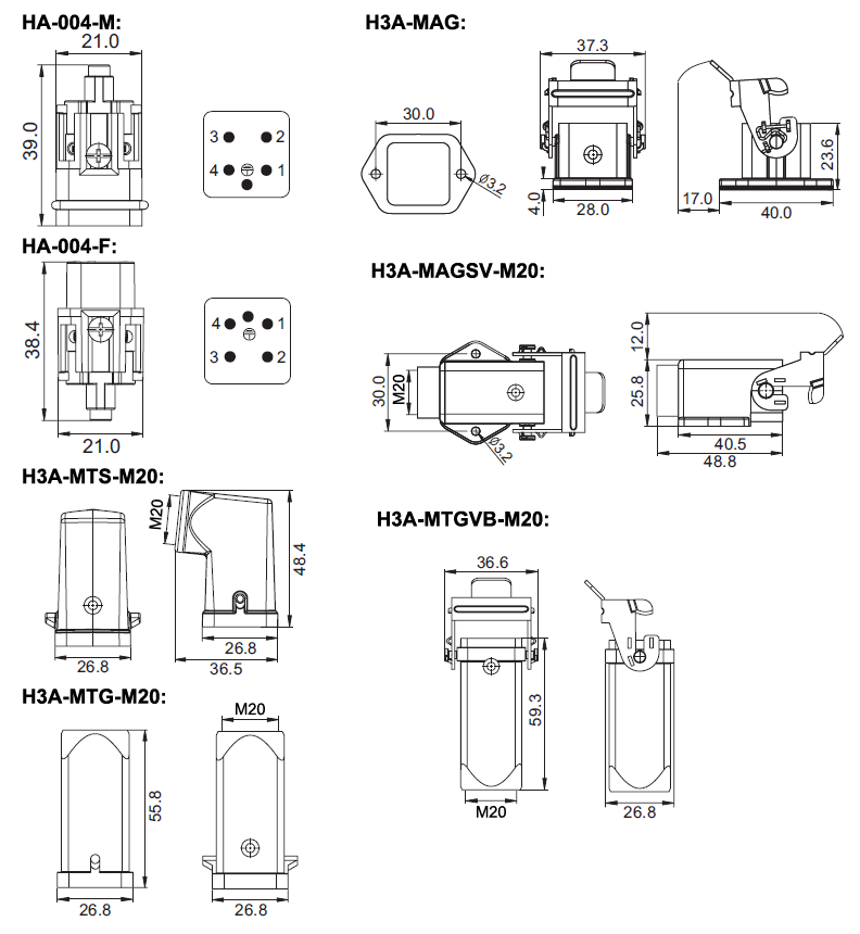 Heavy Duty Connector, 4 Pin, 250VAC / 10A(图1) 4 pin AC 250V/10A heavy duty connector dimension