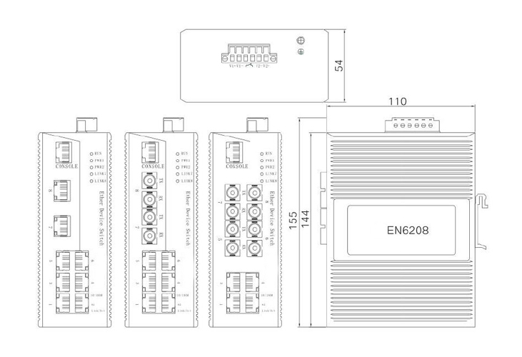 8 Port Managed Industrial Switch, 10/100M, Din Rail(图1) 8-port 10/100 mannaged industrial switch dimension