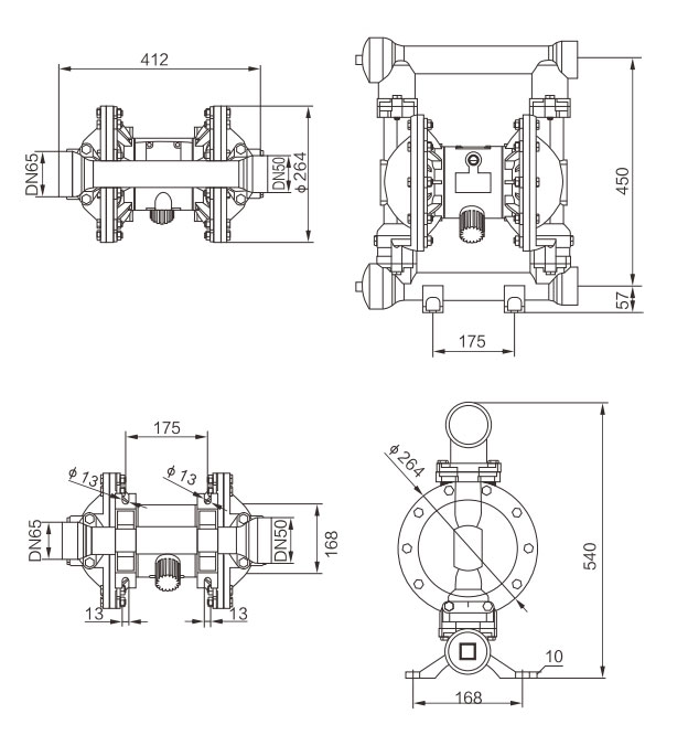 2" Air Operated Double Diaphragm Pump, 100 GPM(图1) Dimension of 2 inch Air Operated Double Diaphragm Pump