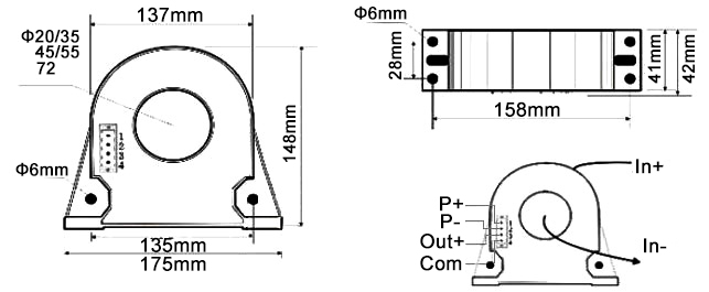 AC Current Sensor, AC 200A/400A/600A/800A(图1) AC current sensor AC 200A to 1200A dimension and wiring