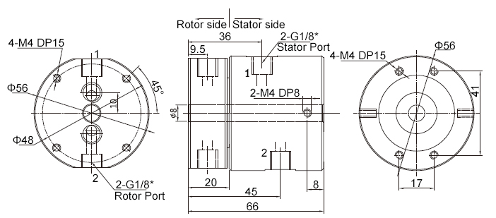 2-Passage Rotary Joint, Pneumatic/Electrical Slip Ring, G1/8" Thread Port(图1) 2-Passage Pneumatic/Electrical Rotary Joint Dimension Drawing