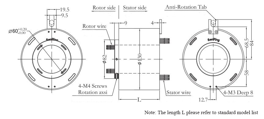 Through Bore Slip Ring, 25.4/38.1/40/50/60/80 mm Hole Diameter(图6) CHN-THSR-H60130 Through Bore Slip Ring Dimension Drawing