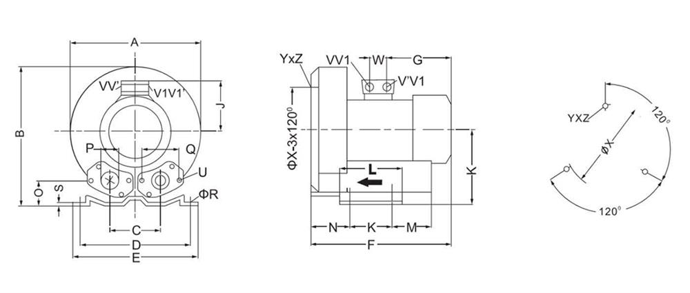 3 Phase 3 hp (2.2kW) Regenerative Blower, 380V, 124 cfm(图1) Dimension of ATO 3 hp regenerative blower