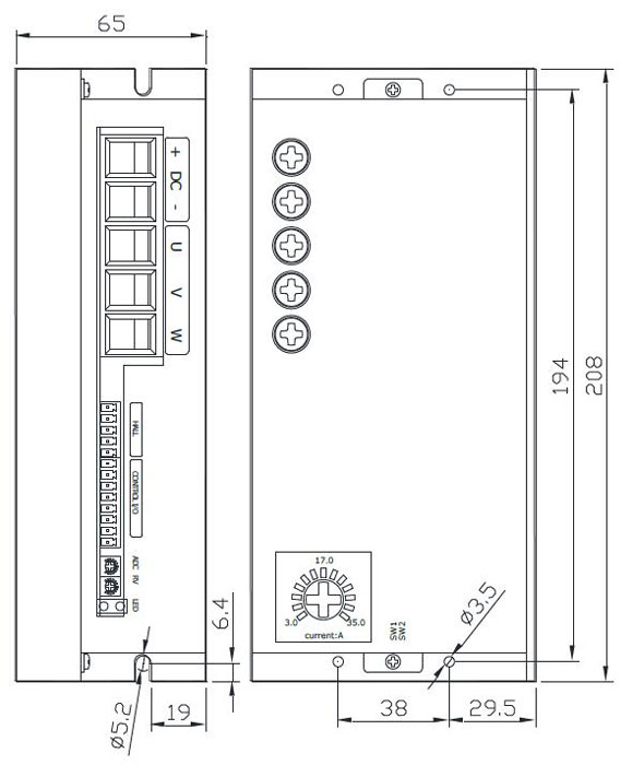 Brushless DC Motor Controller, 12V ~ 60V(图1) Dimensions of Brushless DC Motor Driver 12V 60V
