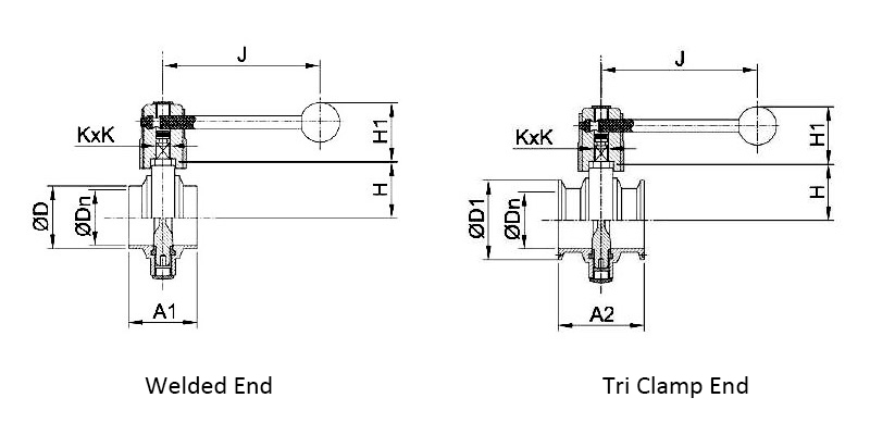 1.5 inch Stainless Steel Sanitary Butterfly Valve(图1) Dimensions of Welded End and Tri Clamp End Stainless Steel Sanitary Butterfly Valve