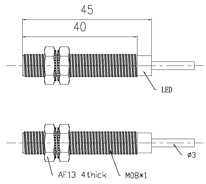 Hall Magnetic Proximity Sensor, M8, NPN/ PNP(图1) Dimensions of M8 Magnetic Proximity Sensor