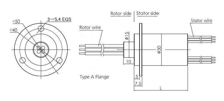 30mm Miniature Electrical Slip Ring, 4-Wire 30A, 2-Wire 50A(图1) 30mm Miniature Electrical Slip Ring (Type A Flange) Dimension Drawing