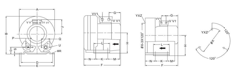 3 Phase 1/2 hp (400W) Regenerative Blower, 380V, 47 cfm(图1) Dimension of 1/2 hp regenerative blowe