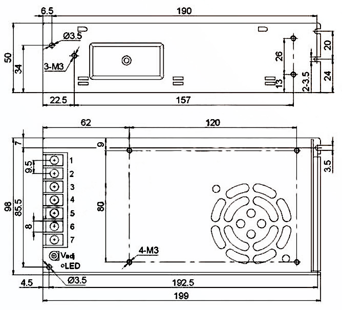 15V DC 10A 300W Switching Power Supply(图1) Installation dimensiions of 300W 15V switchingpowersupply