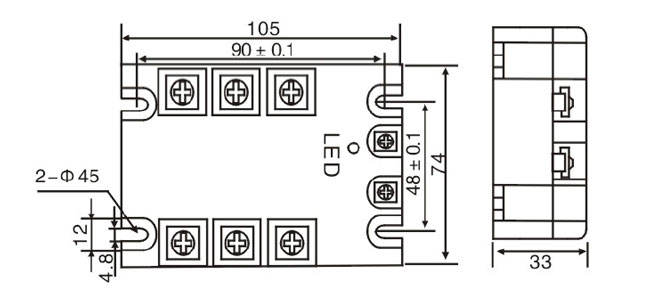 Solid state relay, 3 phase, SSR-60DA, 60A 3-32V DC to AC(图2) 3-phase SSR Relay Dimensions