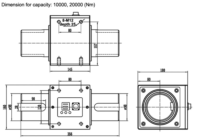 Digital Rotary Torque Sensor, 0.1/5/300/1000 Nm to 10000 Nm(图7) Rotary torque sensor dimension for capacity 10000-20000 Nm