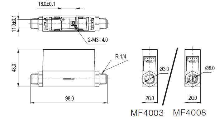 Small Gas Mass Flow Meter, Air/O2/N2, 0-2/5/50L/min(图1) Gas mass flow meter dimensions