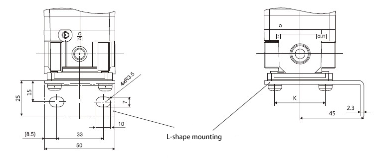 50~5000 mbar 3/8 inch Proportional Pressure Regulator(图2) Dimensions of 50~5000 mbar 3/8 inch Proportional Pressure Regulator with L-shape bracket