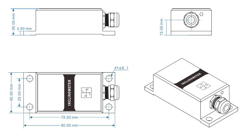 Output Modbus Inclinometer Sensor, ±10°~±90°(图1) Dimensions of modbus inclinometer sensor 10°-90°