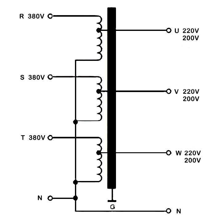 25 kVA 3-Phase Autotransformer, 380V to 220/200V(图1) 3-Phase Autotransformer Schematic Wiring Diagram