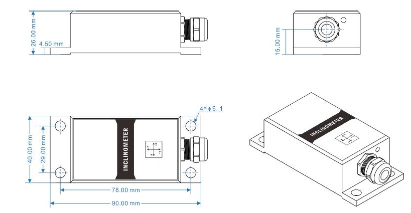 Output 4-20mA Inclinometer Sensor, ±10°~±180°(图1) Dimensions of SCA inclinometer sensor 4-20ma 10°-180°