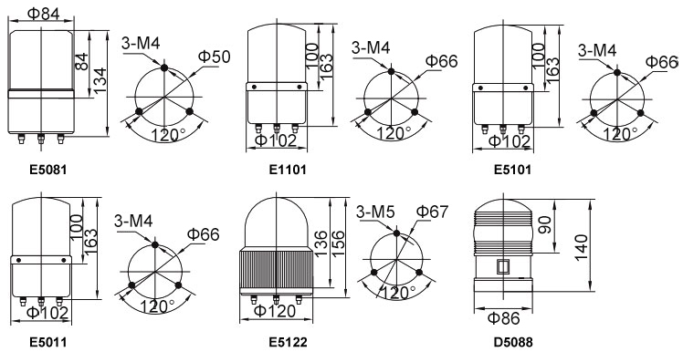 Tower Light, LED/Bulb, Buzzer, DC 24V/AC 110V(图1) Tower light dimension drawing